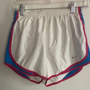 Nike Women's White and Blue Athletic Shorts with magenta trim
